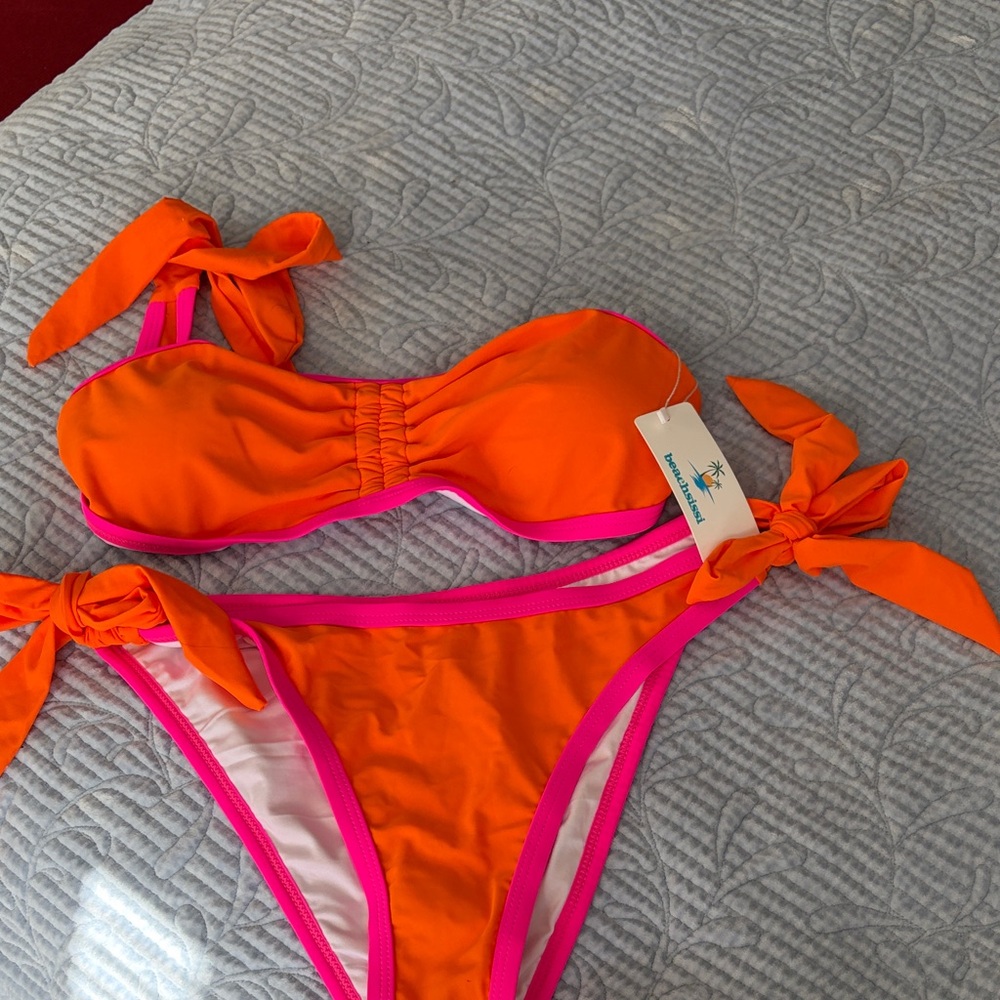 Bright Orange Bandeau Bikini with Pink Trim and Tie Sides